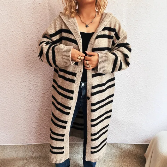 Hooded Color Contrast Striped Retro Casual Loose Sweater Khaki - Shop at LoveMi