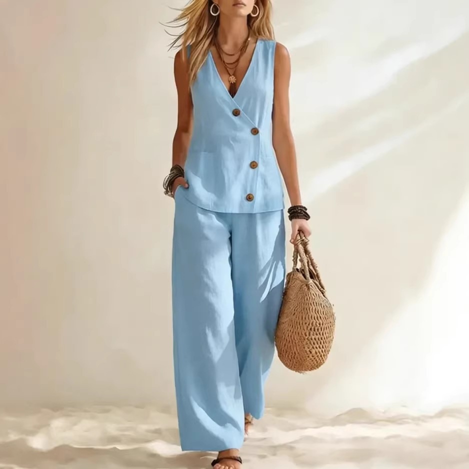 Casual Solid-color Buttoned Vest And Trousers Set
