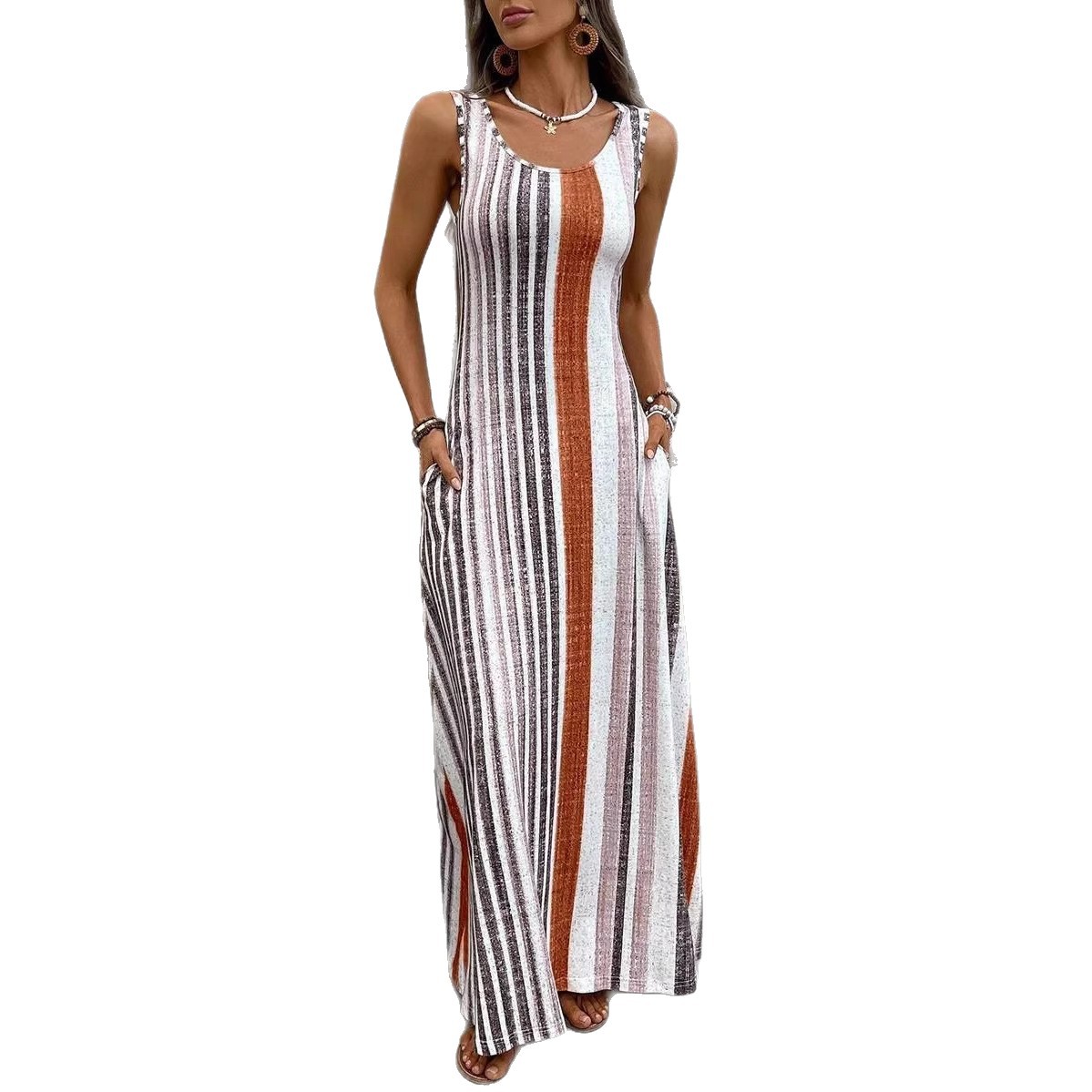 Womens European And American-style Striped Sleeveless Long Dress