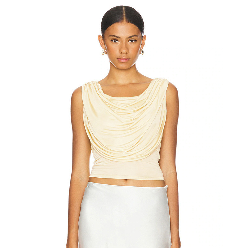 Solid-color Sleeveless Off-shoulder Boat-neck Backless T-shirt