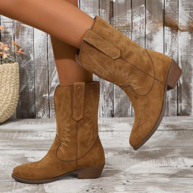 Pointed Toe Western Denim Ankle Boots Suede Chunky Heel Brown For Women Brown - Shop at LoveMi