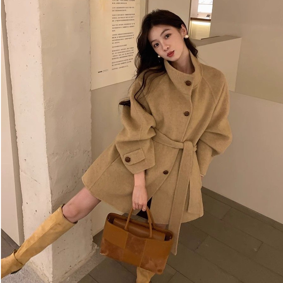 Women's Wool Coat With A Stand-up Collar And Tie Belt