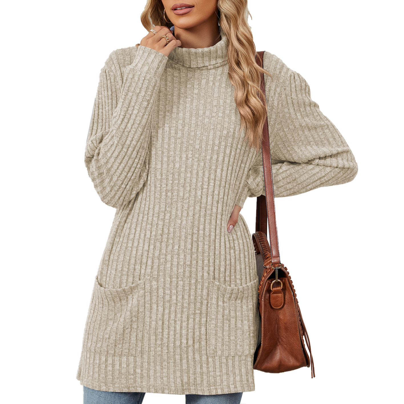 Mock-neck Long-sleeve Casual Womens Top With Pockets