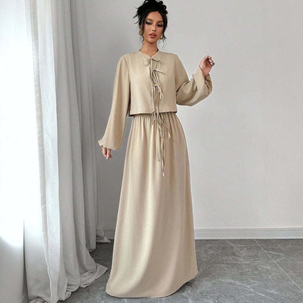 Vintage Artistic Long Sleeve Suspender Dress Suit Female Spring