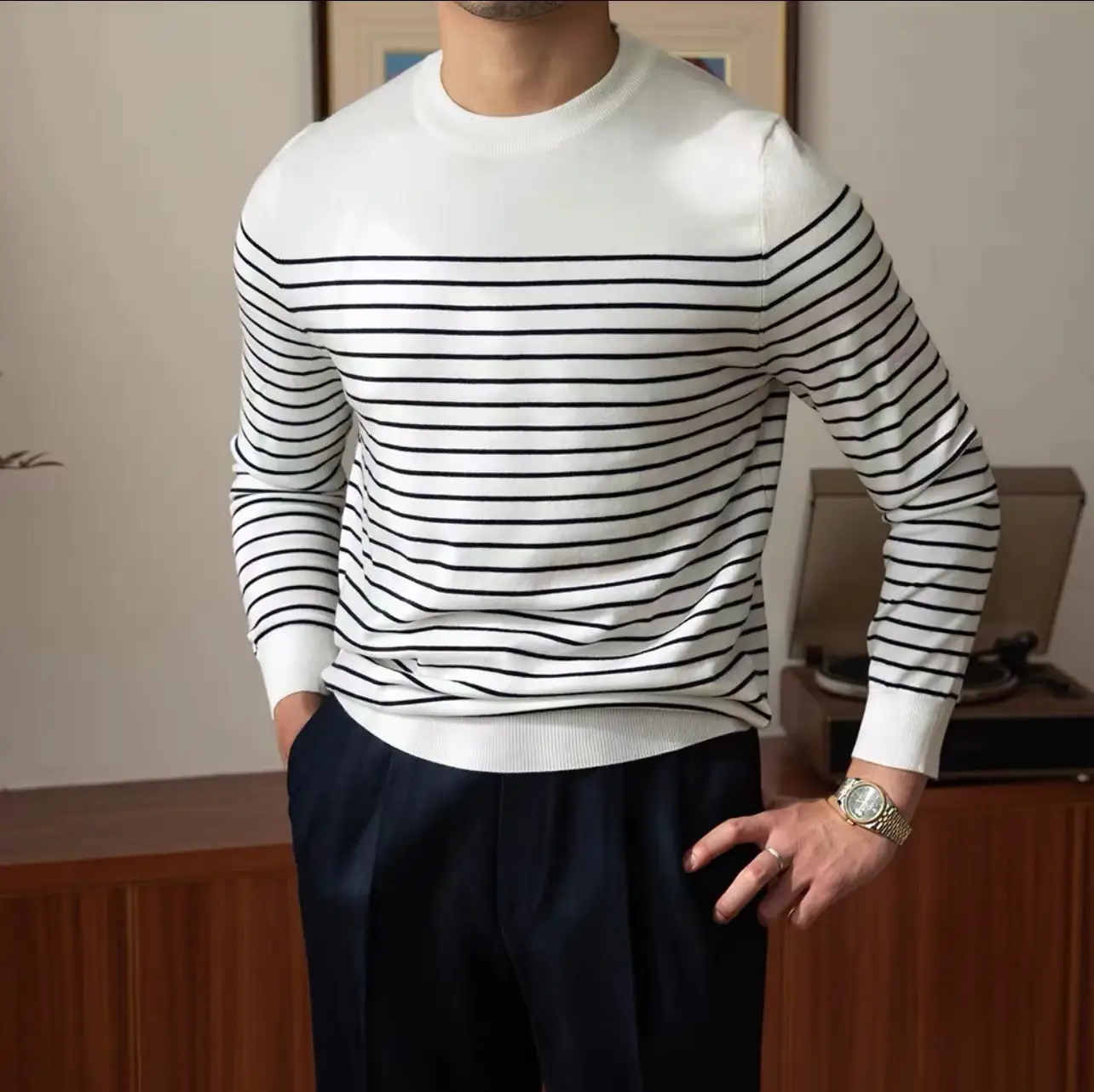 Business Commute Striped Design Contrast Color Long Sleeves Knitwear