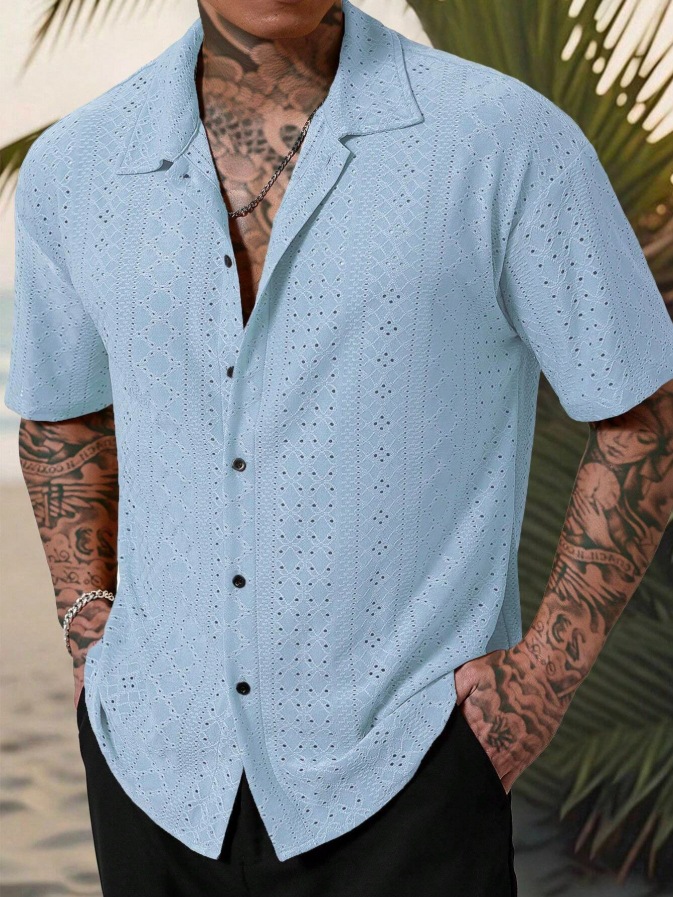 Mens Versatile Hollow-Out Jacquard Casual Shirt
