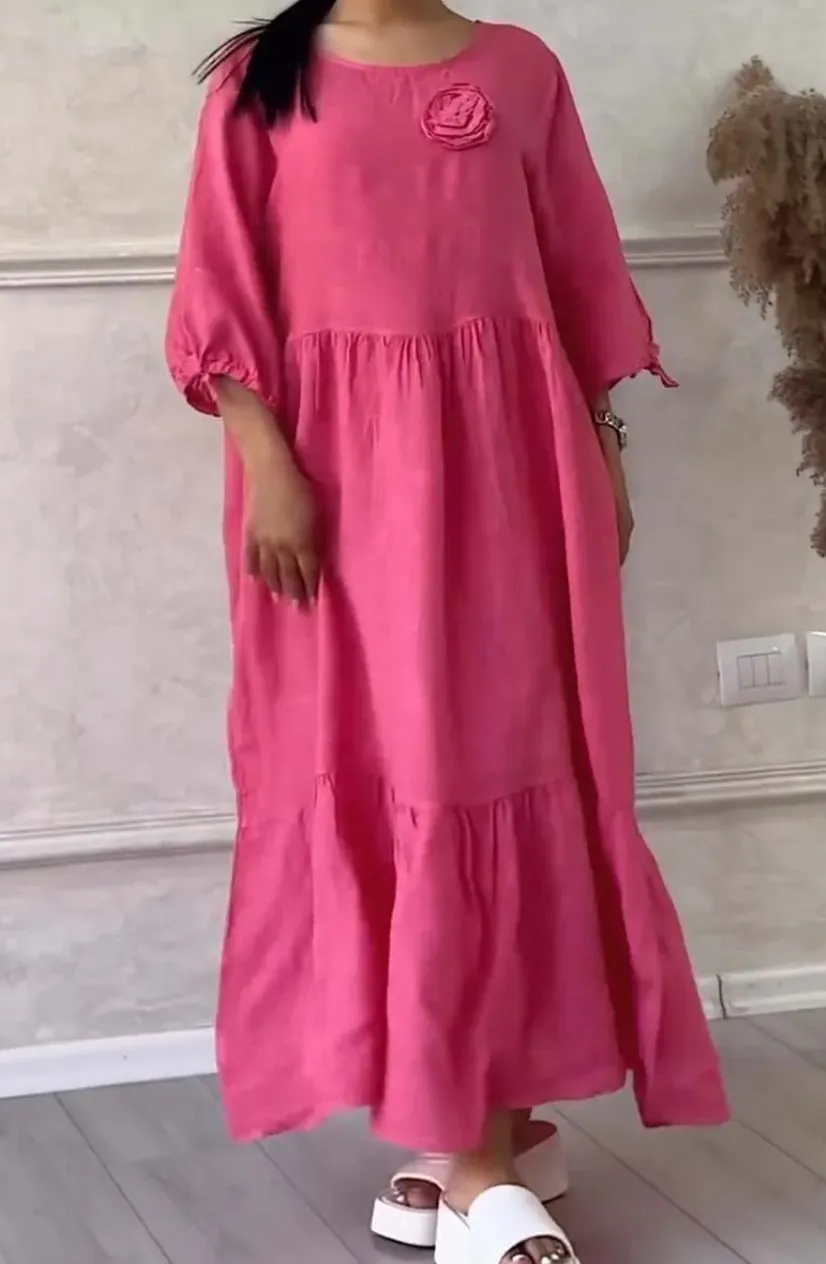 Women's Round Neck Pleated Long Sleeve Casual Dress - Rose Red