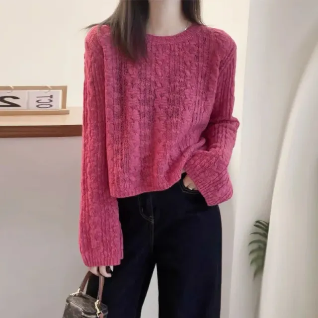 Women's Lazy Style Loose Short Soft Round Neck Sweater Rose Red - Shop at LoveMi