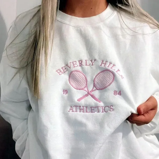 Women's American Retro Tennis Club Embroidery Artistic Round Neck Sweater White - Shop at LoveMi