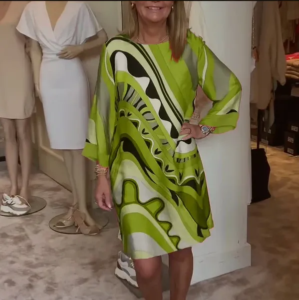 Printed Fashion Casual Round neck Long sleeved Dress Green - Shop at LoveMi