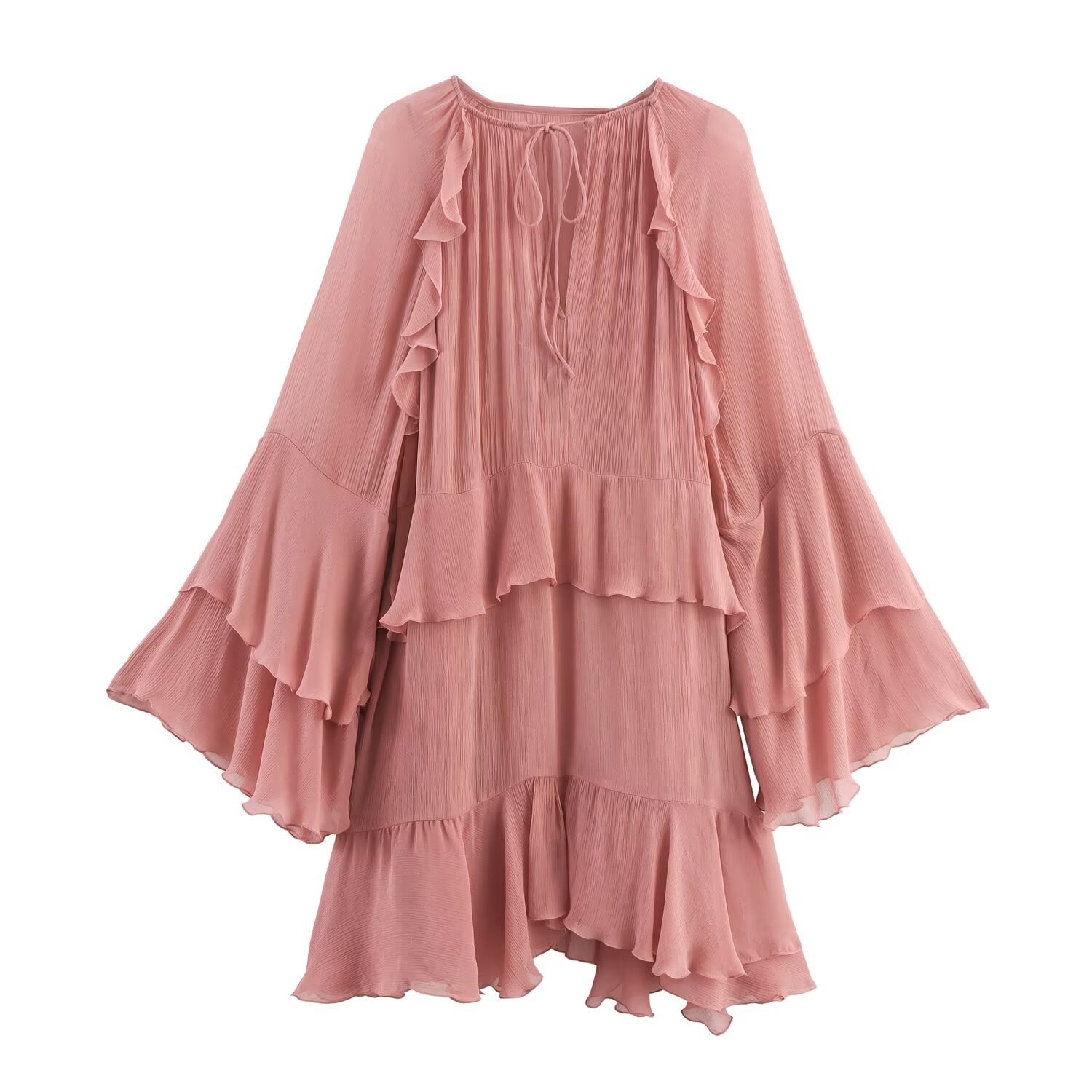 Fashionable Flared Long-sleeve Ruffled Dress