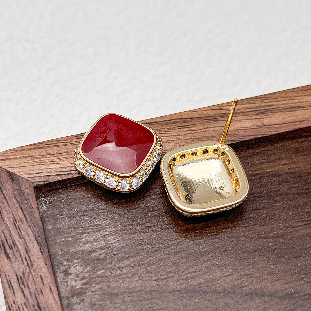 Retro Red Plate Temperament Inlaid Square Simple And Stylish Earrings
