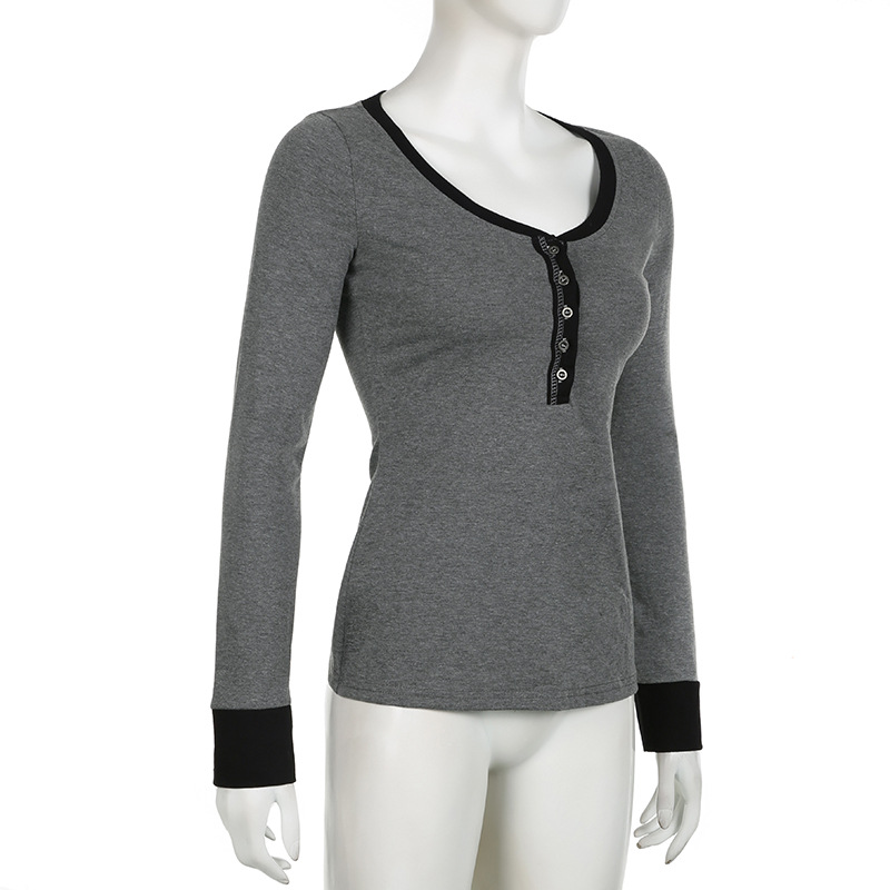 Female Gray Breasted Long Sleeve T-shirt Pullover Top