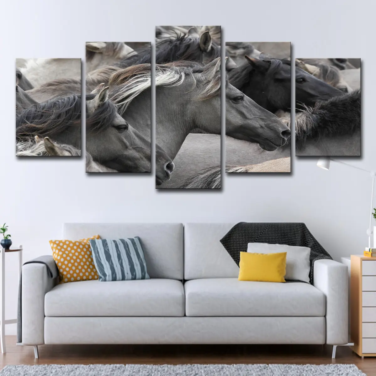 5-piece Grey And Black Horse Group Wall