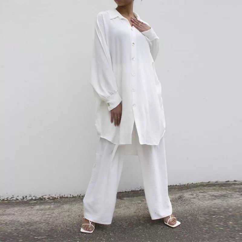 Shirt Solid Color Straight Leg Pants White - Shop at LoveMi