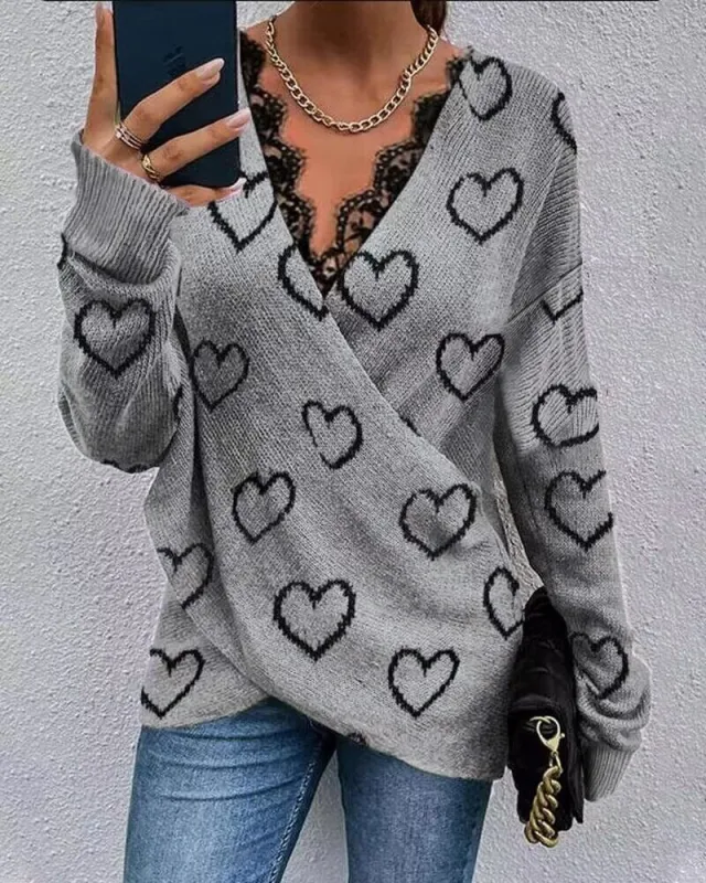 Lace Stitching Printed Long sleeved Top Yd0948A2 - Shop at LoveMi