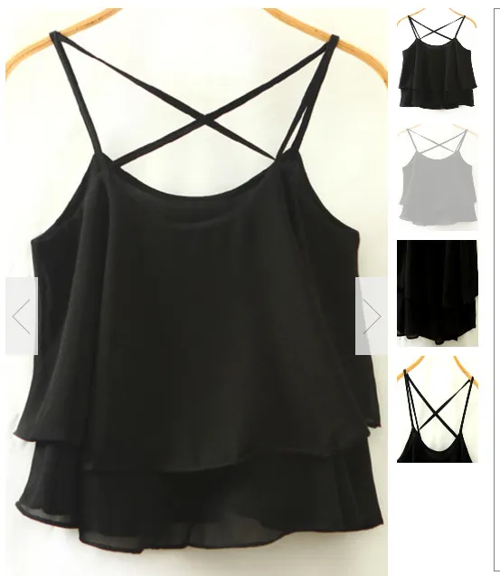 Solid Color Elegant Ruffle Double layer Chiffon Camisole Casual All matching Tops Black - Shop at LoveMi