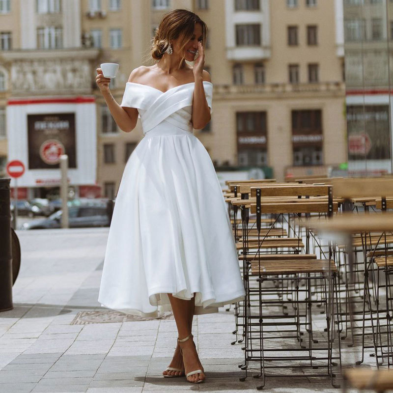 Off neck Elegant Simple Solid Color Dress White - Shop at LoveMi