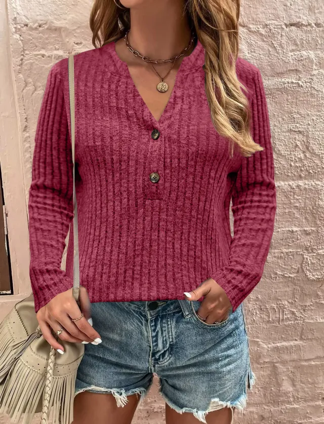 Sunken Stripe Brushed Casual Button Long sleeved Top Red - Shop at LoveMi