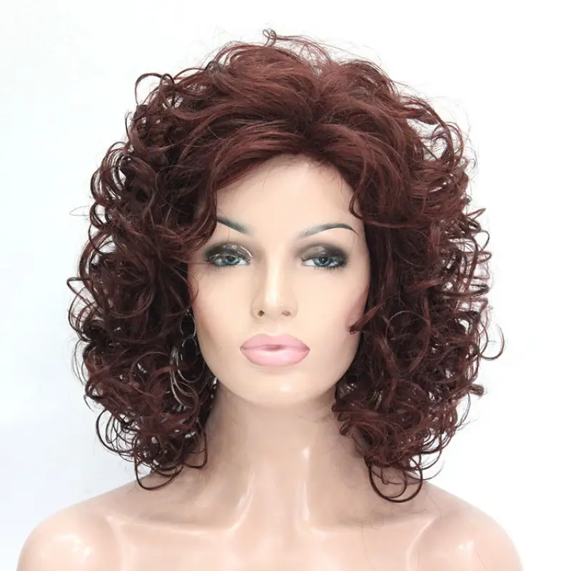 Womens Short Curly Wig Middle Part Pear-cut Style Golden Color