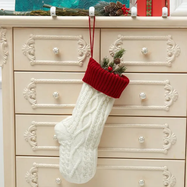 Knitted Christmas Decorations Wool Socks Gift Bag White With Red Sidelines - Shop at LoveMi