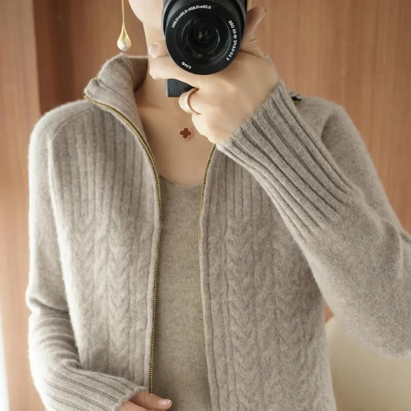 Zipper Sweater Coat Women's Knitted Cardigan Short Stand Collar Loose - Gray