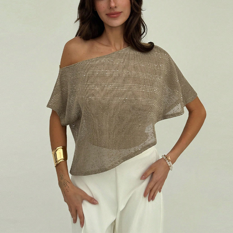 Loose T-shirt Oblique Shoulder SMS Sequined Semi-transparent Pullover Top For Women