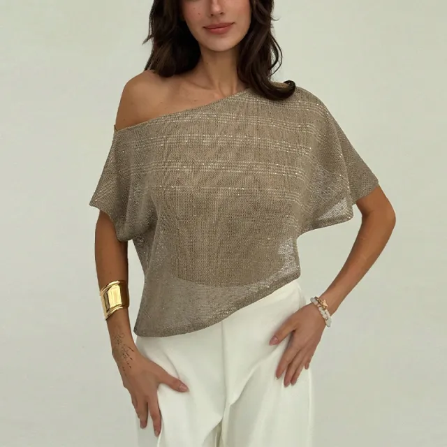 Loose T shirt Oblique Shoulder SMS Sequined Semi transparent Pullover Top For Women Transparent - Shop at LoveMi