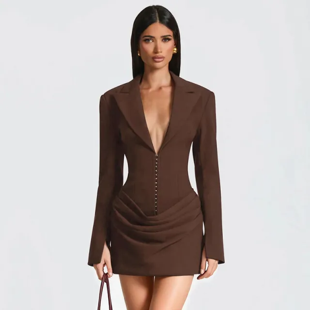 Pure Color Deep V neck Pleated Mini Waist cinching Dress For Women Brown - Shop at LoveMi
