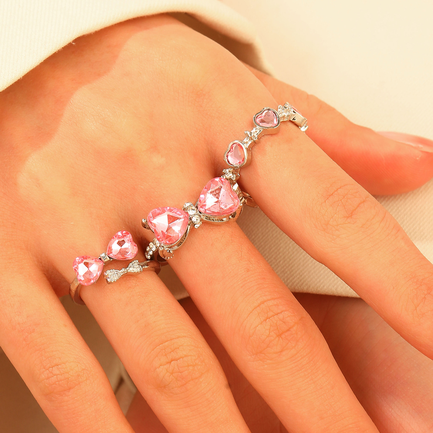 Love Heart Bow Tie Three-piece Ring Set Women
