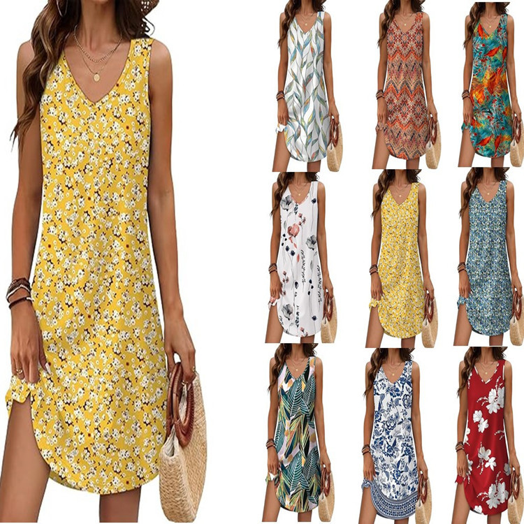 European And American Women's Clothing Summer Loose Casual V-neck Flower Dress