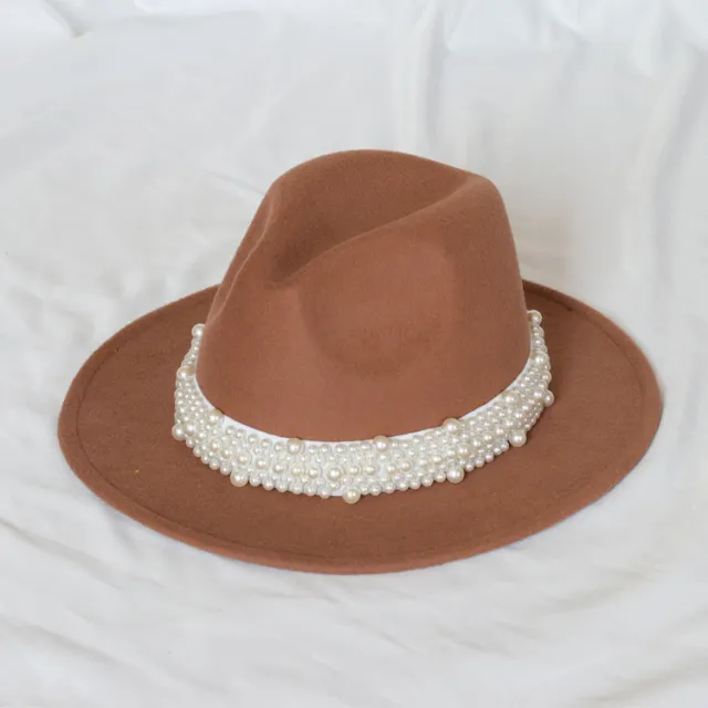Handmade Pearl Top Hat Big Brim Fur Felt Hat Khaki - Shop at LoveMi