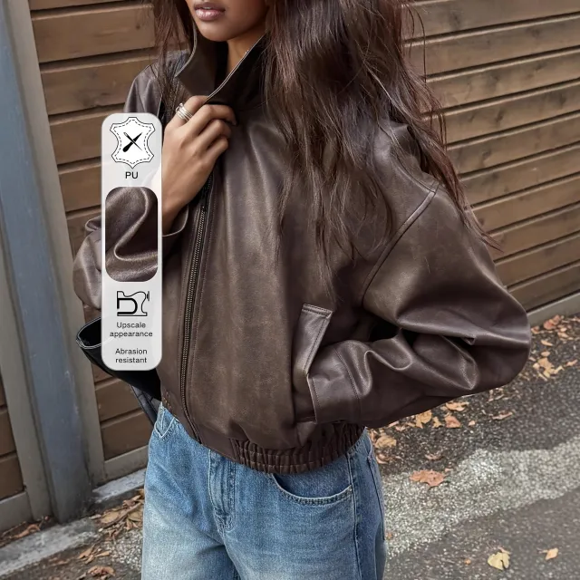 Leather Retro Jacket Long sleeved Leather Coat Dark Brown - Shop at LoveMi