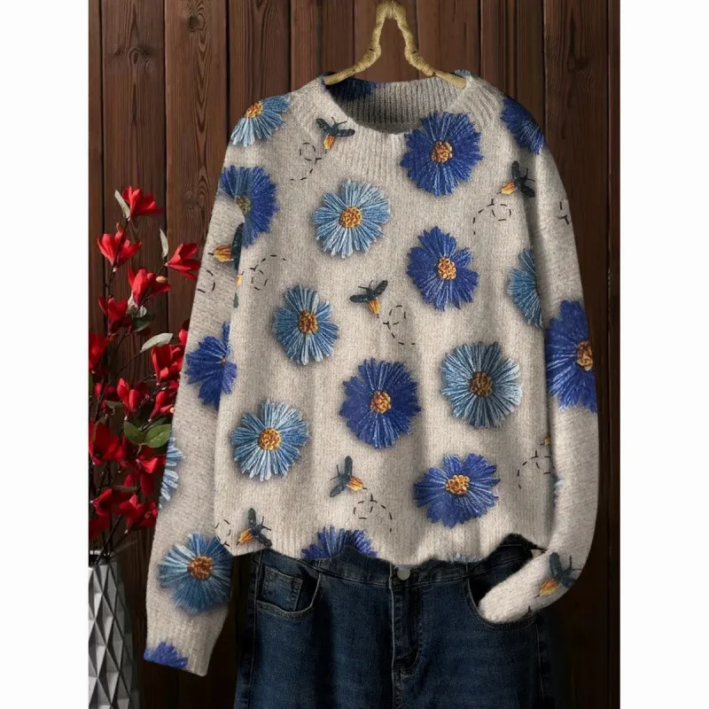 Western Style Beautiful Design Loose Slimming Printed Sweater Niche Fashion - Blue 7089