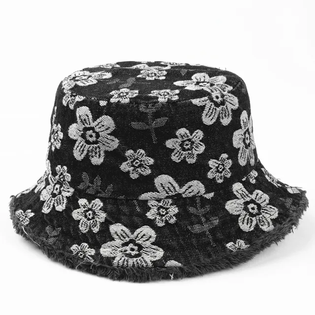Flower Embroidered Denim Bucket Hat Korean Washed out Distressed Black - Shop at LoveMi
