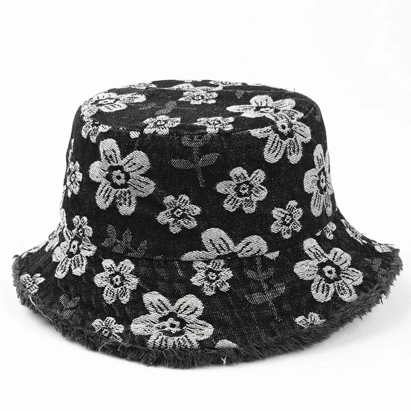 Flower Embroidered Denim Bucket Hat Korean Washed-out Distressed - Black