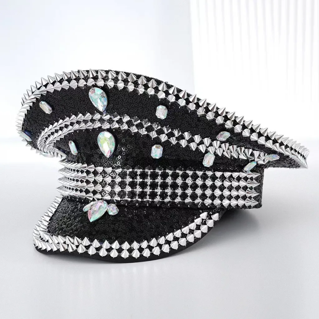 European And American Fashion Rhinestone Women's Diamond Rivets Party Ball Cross-border Export Hat Free Size Cool Punk - Silver Black