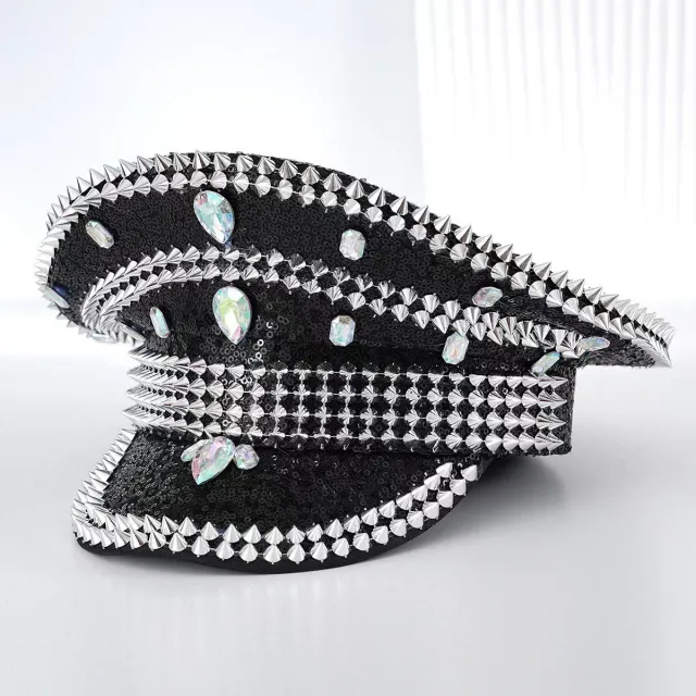 European And American Fashion Rhinestone Women's Diamond Rivets Party Ball Cross border Export Hat Free Size Cool Punk Silver Black - Shop at LoveMi