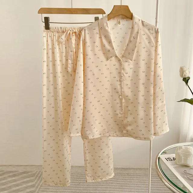 Women's Printed Pajamas Summer Ice Silk Long Sleeve Lapel Cardigan Beige - Shop at LoveMi