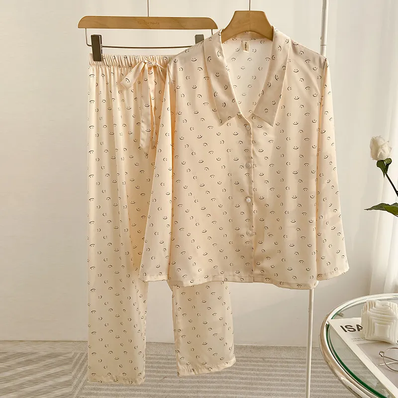 Women's Printed Pajamas Summer Ice Silk Long Sleeve Lapel Cardigan - Beige