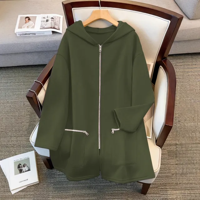 Plus size Retro chic Casual Sporty Hoodie For Fallwinter Loose fitting Olive - Shop at LoveMi
