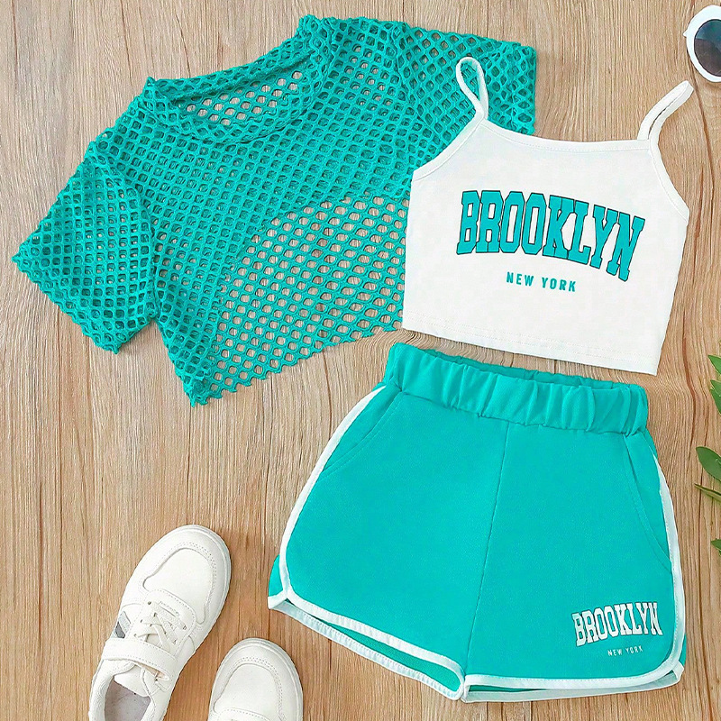 Summer New Mesh Shirt Short-Sleeve Top Pullover Three-Piece Set