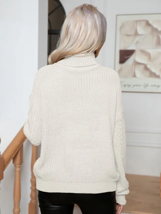 Cable knit Turtleneck Loose fitting Long Sleeve Sweater Creamy White - Shop at LoveMi
