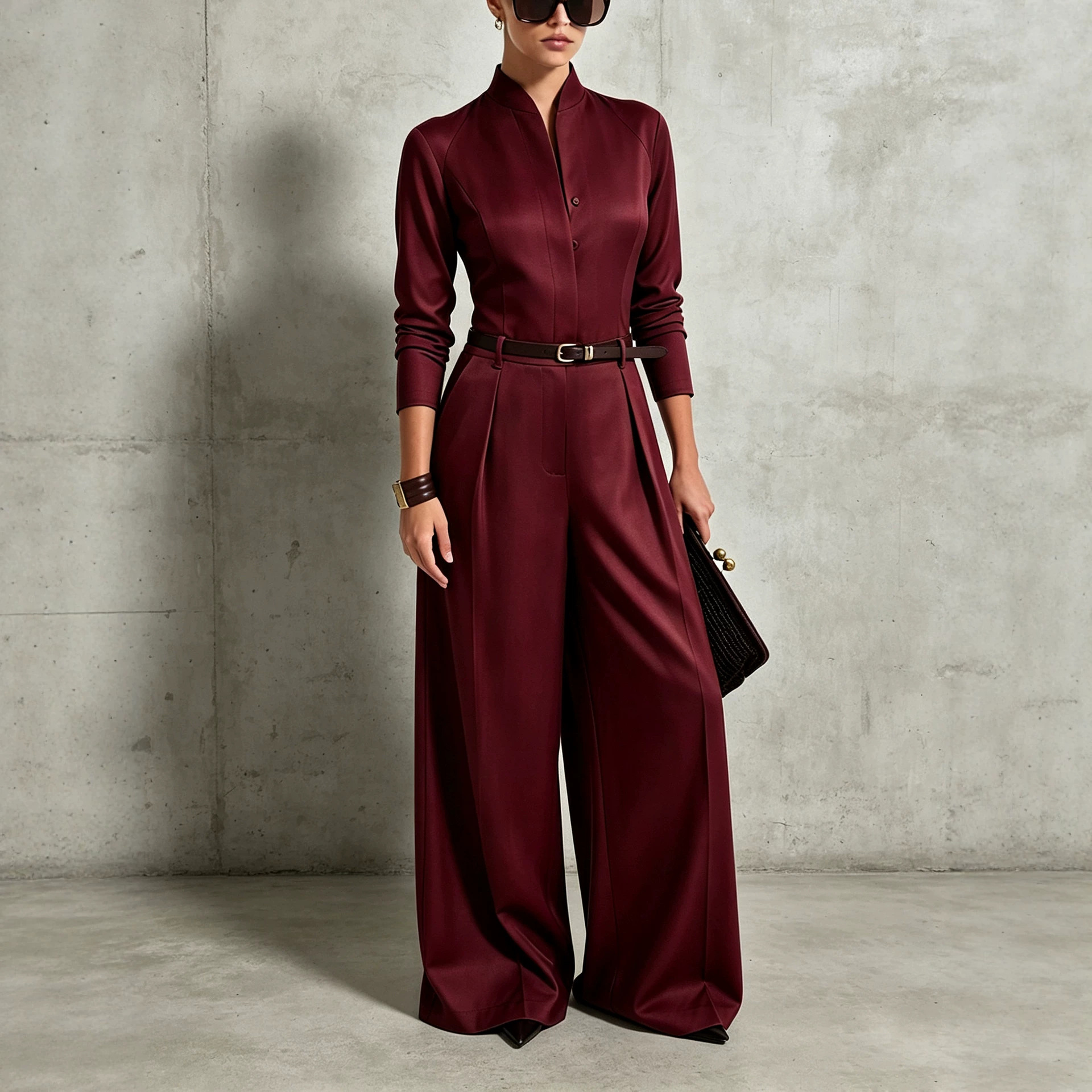 High-end Womens Jumpsuit With A Stand-up Collar And Long Sleeves