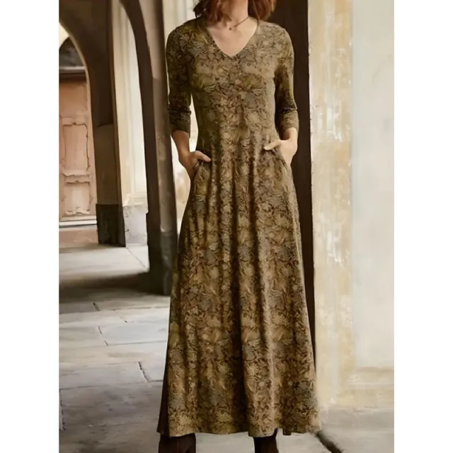 Women's Cotton Printed V neck Pocket Long Sleeved Dress Brown - Shop at LoveMi