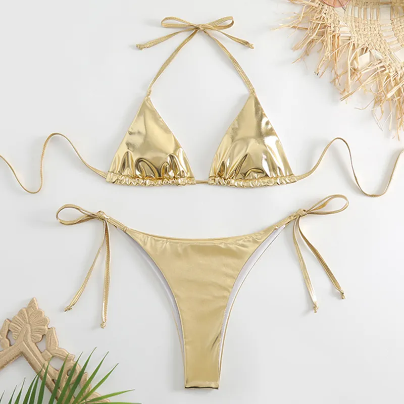 Women's New Swimsuit Lace-up Bikini - Gold