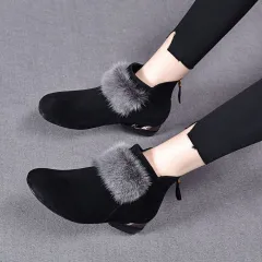 Winter Rubber Back Zipper Artificial Velboa Boots - Black - View 1