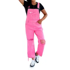 Solid Colour Wide Leg Denim Suspender Pants Women Street Ripped Jumpsuit - Pink - View 1