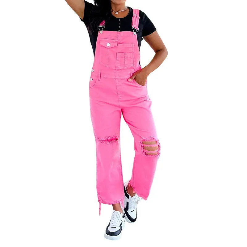 Solid Color Wide Leg Denim Suspender Pants Women Street Ripped Jumpsuit - Pink