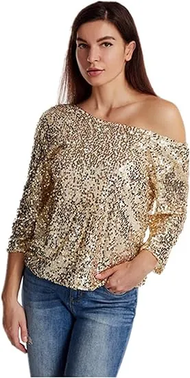 Loose Sequins Oblique Shoulder Short Sleeve Sequined Shirt - Gold
